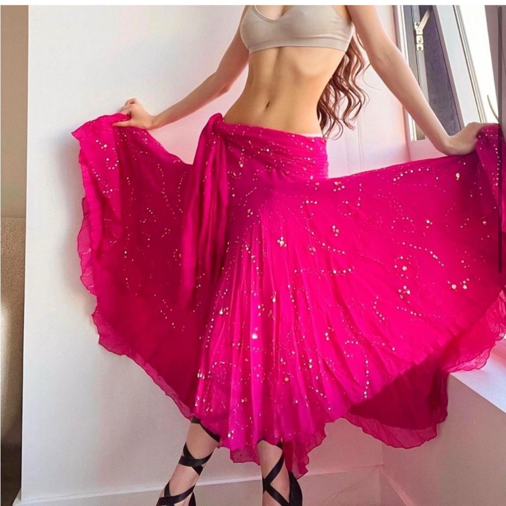 Vintage 00's Diane von Furstenberg Pink Silk
Beaded Belly Dance Maxi Skirt